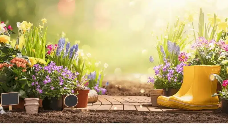 Multiple types of flowers, boots, tools for summer gardening